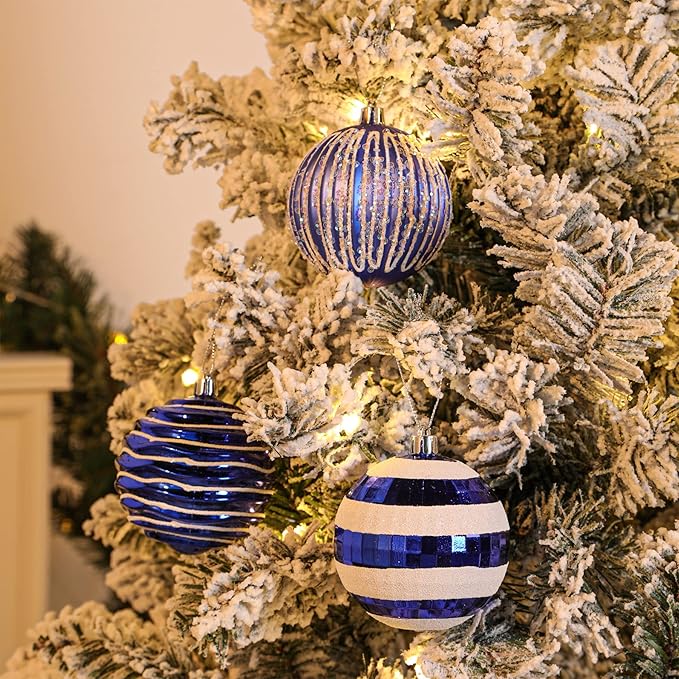 SHareconn 80mm Christmas Balls Ornaments,12PCS Colored Shatterproof Plastic Decorative Hanging Tree Decorations Baubles Set for Xmas Tree Decor Holiday Party Wedding Decoration with Lanyard,Blue&White