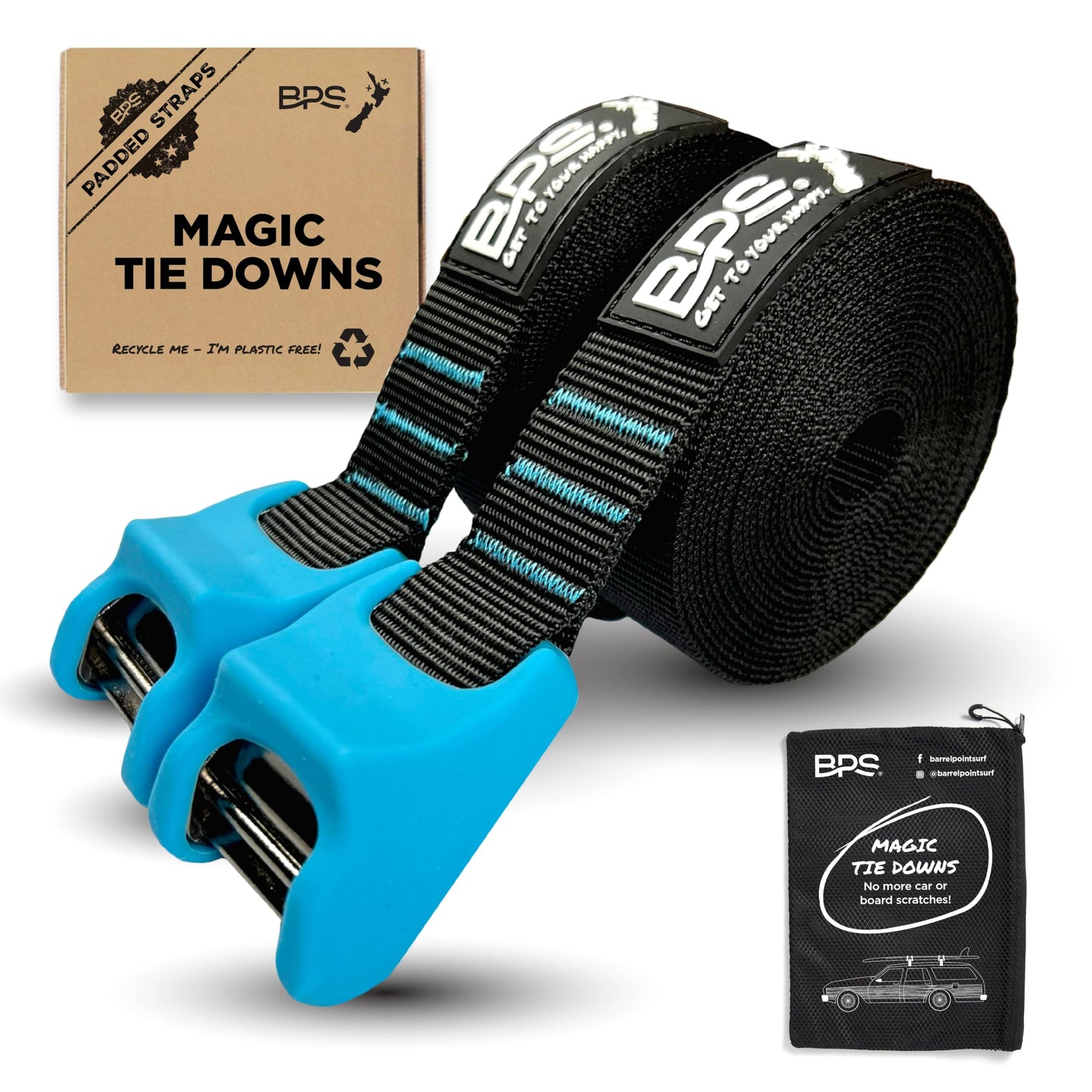 BPS ‘Magic’ Tie Down Straps for Roof Rack - ‘No Scratch’ 15 feet Tie Downs 2-Pack Surfboard Straps Silicone Buckle Cover with Storage Bag Made from Recycled Plastics – SUP Kayak Canoe Paddle Board