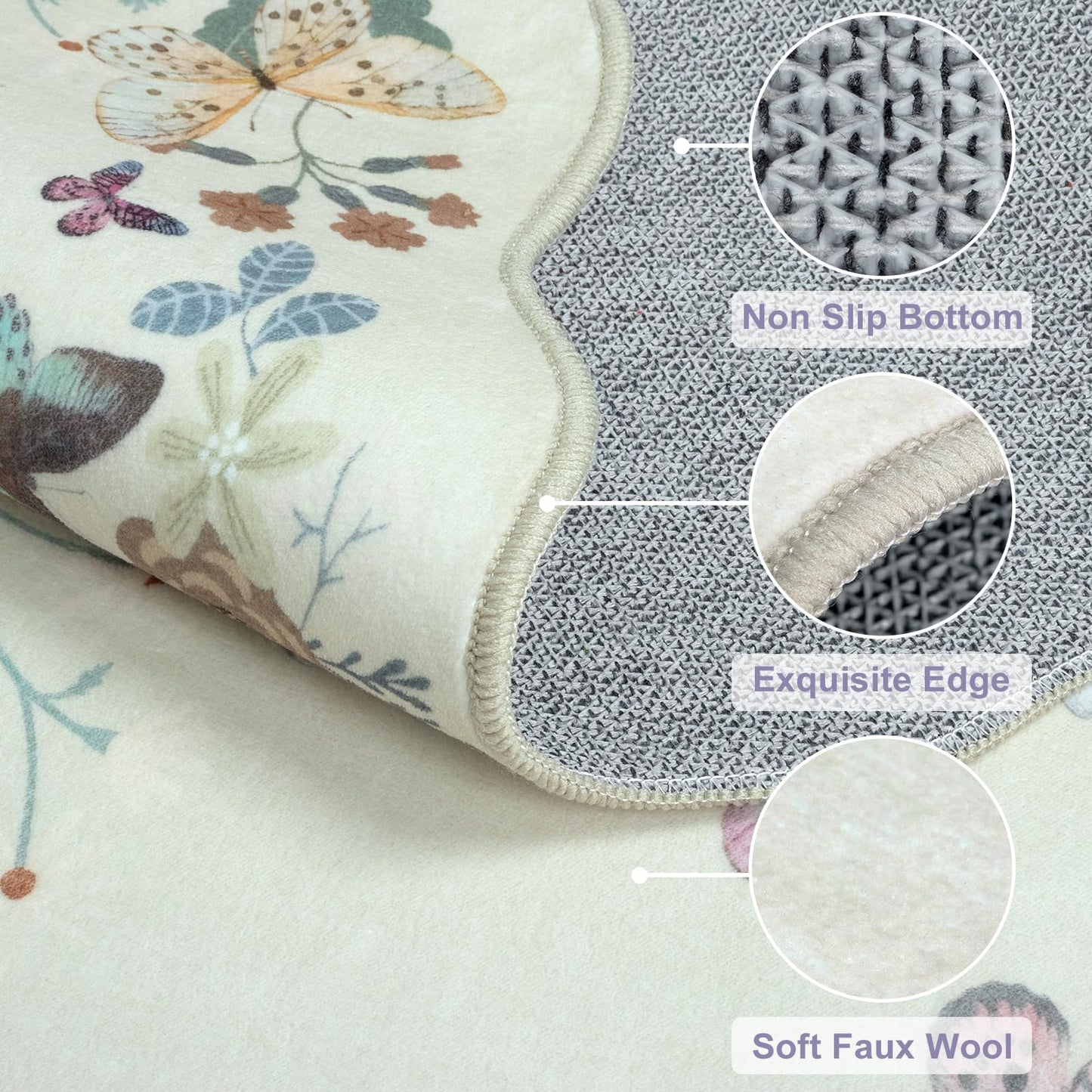 Rugalia Washable Scalloped Butterfly Area Rug, 3x5 Beige Indoor Entryway Rug Soft Non-Slip Boho Kitchen Rugs, Ultra Thin Botanical Floral Throw Carpet for Living Room Bedroom Nursery Foyer