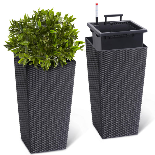 CheerAmenit 22.5 Inch Tall Planter Set of 2 Large Rattan Flower Pot with 2 Trays & a Water Level Monitor & Wheels Outdoor and Indoor for Patio, Porch, Living Room, or Home Office