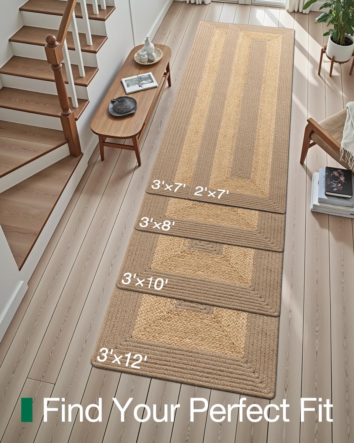 LUMI 3x10 Jute and Raffia Braided Runner Rug for Hallway, Natural Rustic Carpet Non Slip, Area Mat Indoor High Traffic for Living Room, Entryway, Kitchen, Laundry