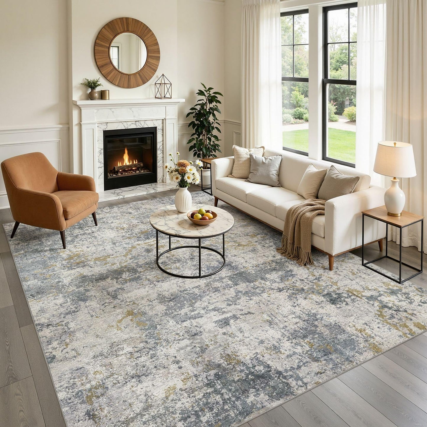 kakania 10x14 Washable Area Rug: Abstract Modern Non Slip Soft Low Pile Carpet, Easy Clean Polyester Kid Pet Friendly, Thin Rug for Living Room Bedroom Kids Dorm Office, Robot Vacuum - Blue Grey