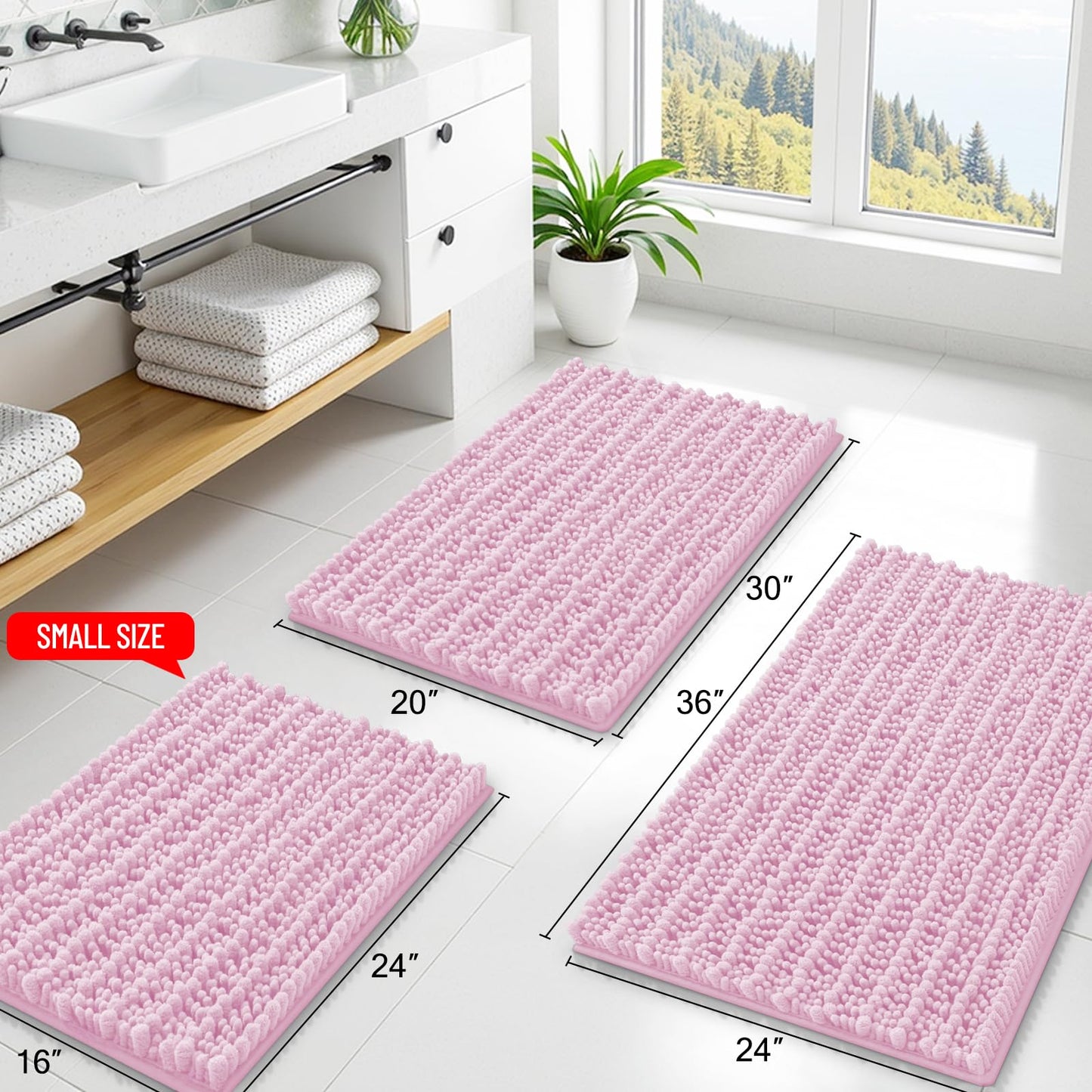Smiry Bathroom Rugs Mat 36x24, Extra Soft Absorbent Chenille Bath Rugs, Non Slip Rubber Backing Machine Washable Quick Dry Bath Mats for Bathroom Floor, Tub, Shower, Home Decor Accessories, Pink