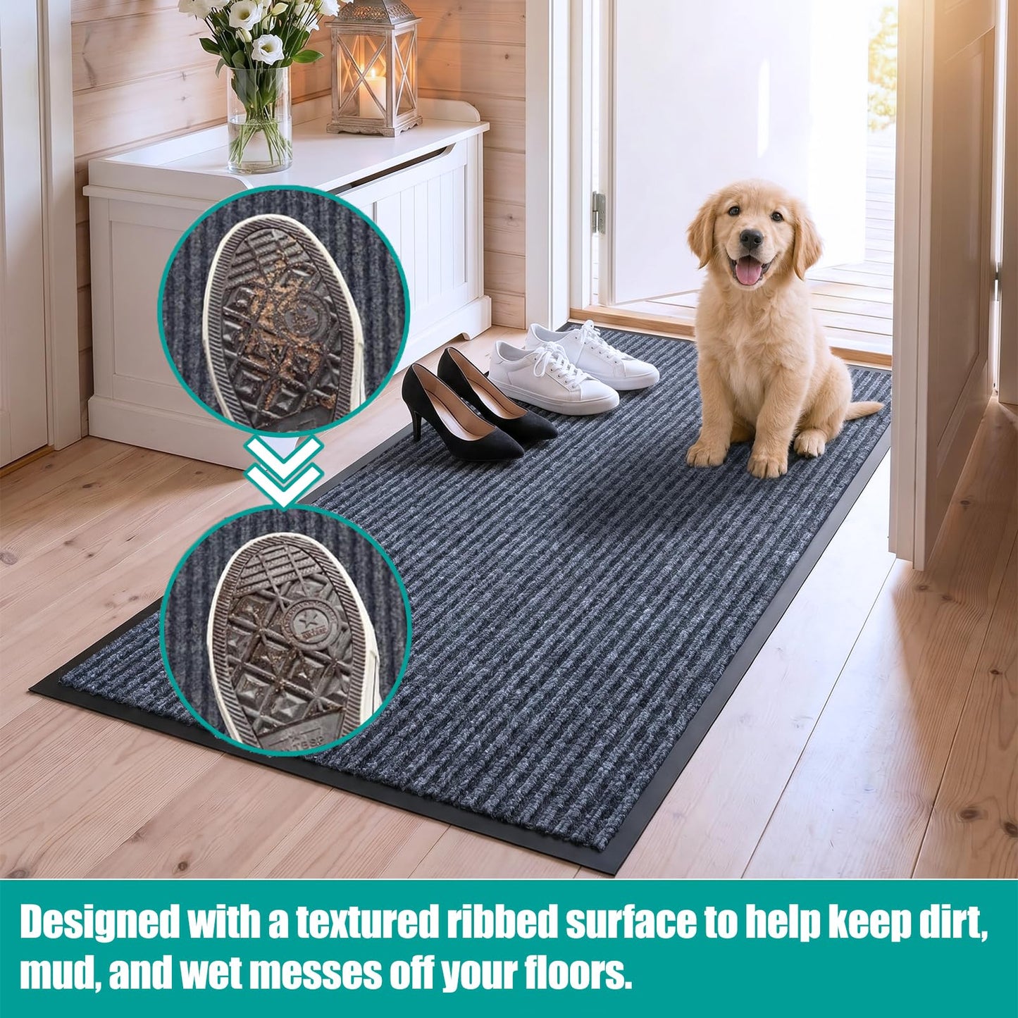 ITINA Long Door Mat 3 x 16 ft Heavy Duty Commercial Floor Mats Indoor Outdoor Entrance Carpet Hallway Runner Absorbent Dirt Trapper with Non-Slip PVC Backing for Home Garage Patio Gray