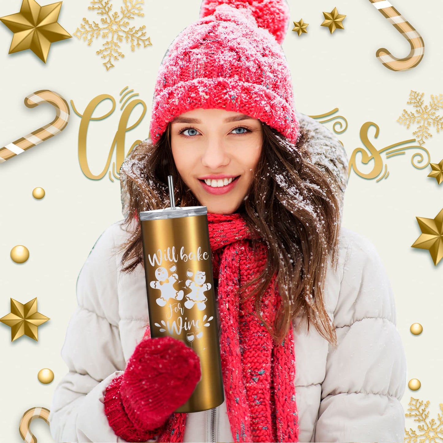 Maxdot 4 Pcs Christmas Tumbler with Lid and Straw Stainless Steel Christmas Cup Double-Insulated Water Travel Mug Vacuum Tumbler with Cleaning Brush Xmas Gift(Funny Style,Red/green/gold/silver)