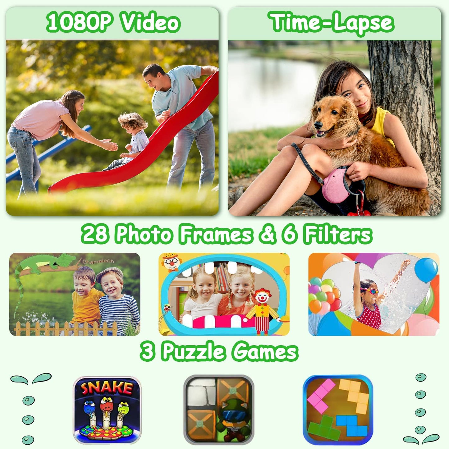 Agoigo Kids Waterproof Camera - Children Underwater HD Video Digital Camcorder, Portable Travel Toy for Toddler - Ideal Christmas Birthday Gifts for Boys Girls Age 3-12 with 32GB Card (Green)