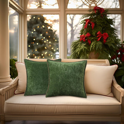 decorUhome Christmas Chenille Soft Throw Pillow Covers 18x18 Set of 2, Farmhouse Velvet Neutral Decorative Euro Fall Pillow Covers with Stitched Edge for Couch Sofa Bed Home Decor, Forest Elf