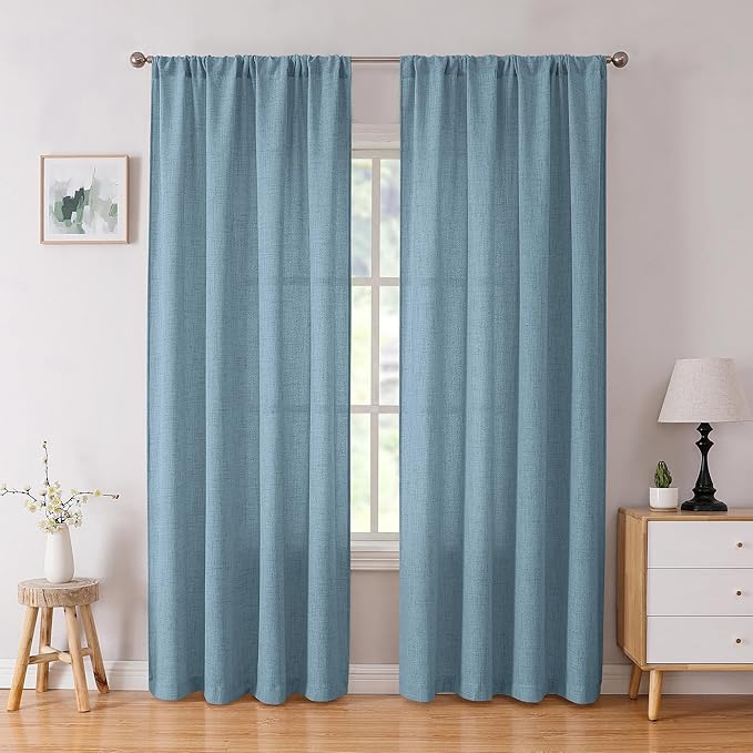 Tollpiz Linen Curtains Bedroom Rod Pocket Semi Sheer Curtain Burlap Light Filtering Thick Linen Drapes for Living Room, 54 x 84 inches Long, Dusty Blue, Set of 2 Panels