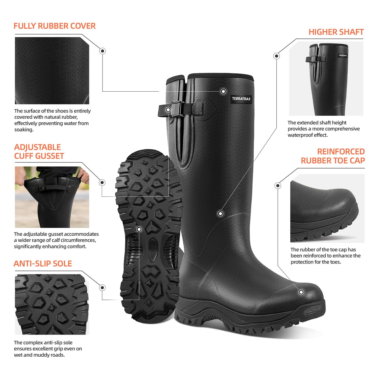 TerraTrax Men's Waterproof Insulated Rubber Hunting Boots - Wellington All-Season Outdoor Work Boots