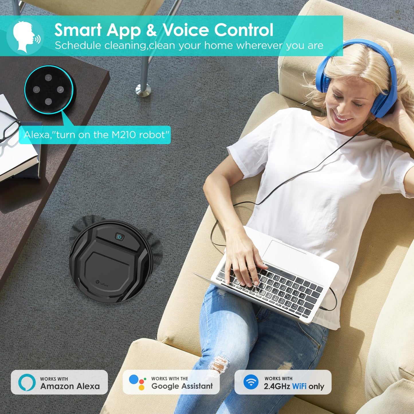 Lefant M210 Robot Vacuum Cleaner, 120-Min Runtime, Compact Design, Powerful Suction, Low Noise, Wi-Fi/App/Voice Control, Self-Charging, Scheduled Cleaning, Ideal for Pet Hair and Hard Floors, Black