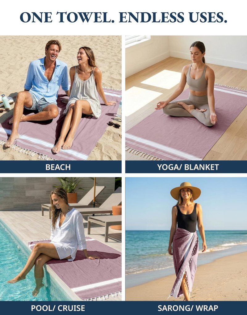 LANE LINEN Turkish Beach Towels, 2 Pack Extra Large Beach Towel, Pre-Washed for Soft Feel, Oversized Sand Free Quick-Dry Pool Towel, Beach Towels for Adults, 39"x71" - Wistful Mauve