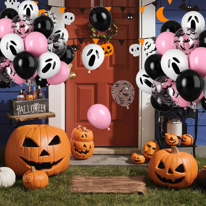 Biapian 60 Pcs Pink Halloween Balloons, 12 Inch Halloween Ghost Balloons Printed Pink and Black Latex Balloons Bat Confetti Balloons for Birthday BOO Happy Halloween Party Decorations Indoor Outdoor