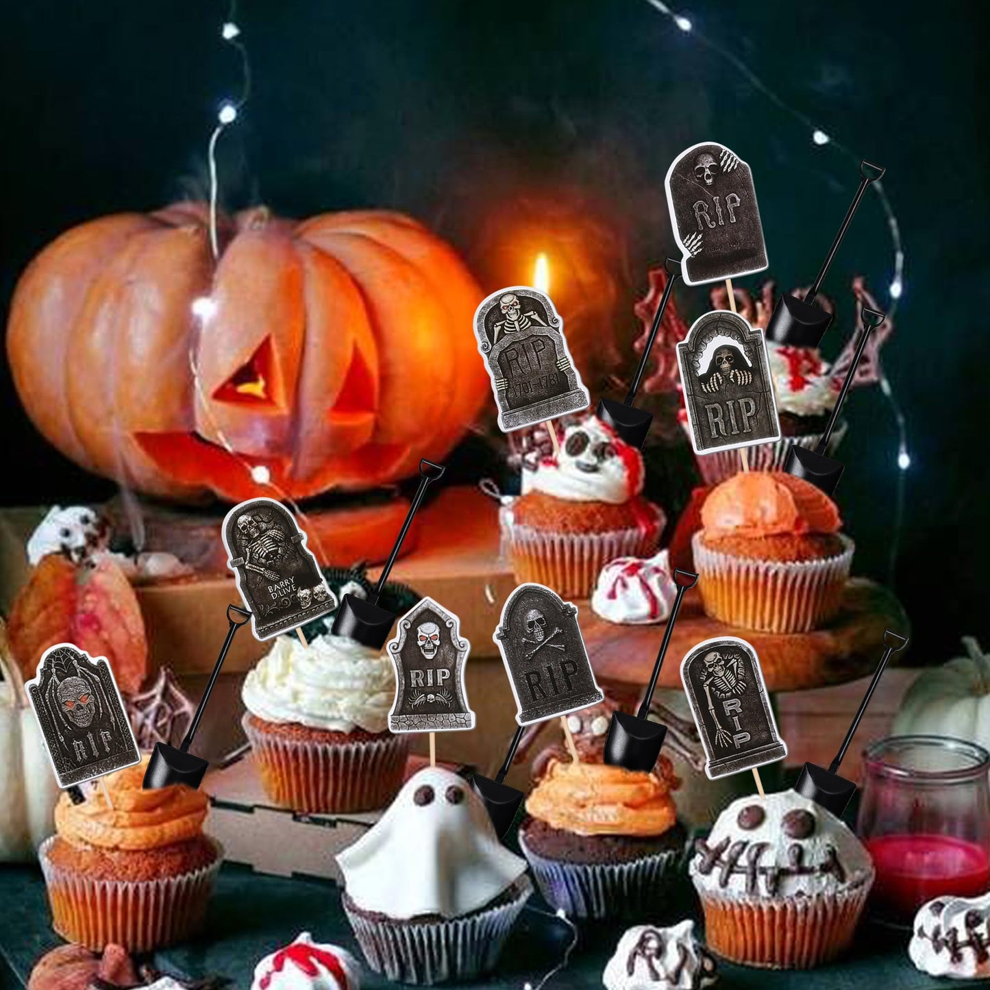 48 PCS Halloween Cupcake Toppers Tombstone Cupcake Picks Novelty Mini Shovel Spoons Horrible Gravestone Skeleton Cupcake Decorations for Halloween Theme Birthday Party Cake Decorations Supplies