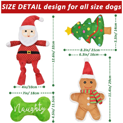 LECHONG Christmas Dog Toys, 4pcs Stuffed Dog Squeaky Toys for Teething and Chewing, Tough Xmas Gift Toy Bundle Santa Toys for Small Large Dogs Puppy