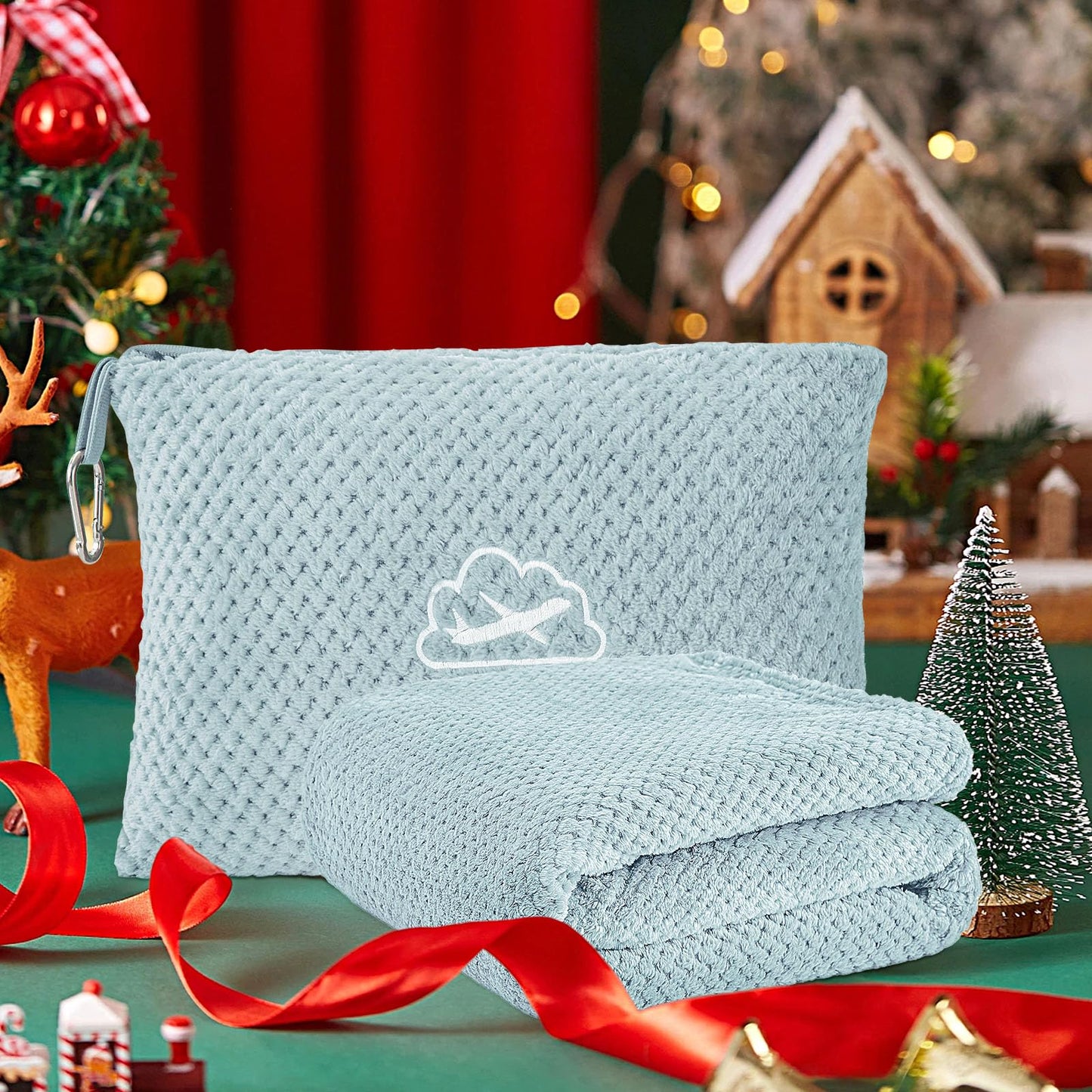 BEDELITE Travel Blanket and Pillow Set 2-in-1, Ultra-Soft Jacquard Fleece Blanket with Bag, Airplane Blanket with Luggage Sleeve & Backpack Clip Travel Essentials, Blue