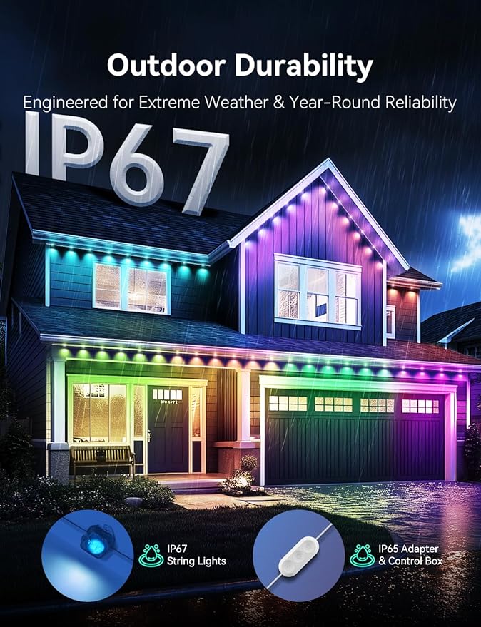 Permanent Outdoor Lights for House, RGB+IC IP67 Waterproof Smart Eave Lights 100ft with 50 LED, Eternity Lighting for Holiday Daily Decor, Work with Remote, APP