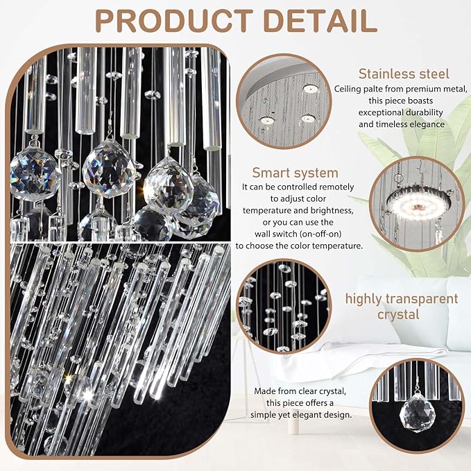 Flashing God D24''XH86'' Large Crystal Chandelier Silver Modern Raindrop Ceiling Light, High Ceiling Chandelier Suitable for Entrance Villas and Foyer