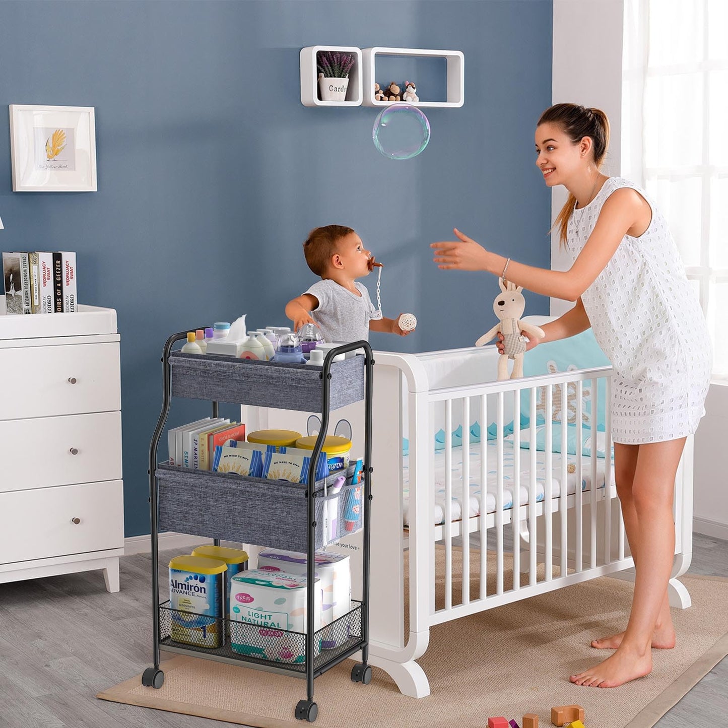 3-Tier Baby Diaper Caddy Organizer and Storage Cart with 4+2 Dividers, Mobile Metal Utility Cart with Rolling Wheels for Nursery Essentials, Large Capacity Rolling Carts for Crib, Bedroom, Bathroom