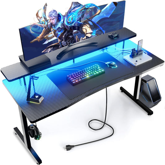 GTRACING 55 Inch Gaming Desk with LED Lights, Computer Gamer Desk with Monitor Stand, Ergonomic Carbon Fiber Surface Gaming Table with Mouse Pad for Home Office, RGB