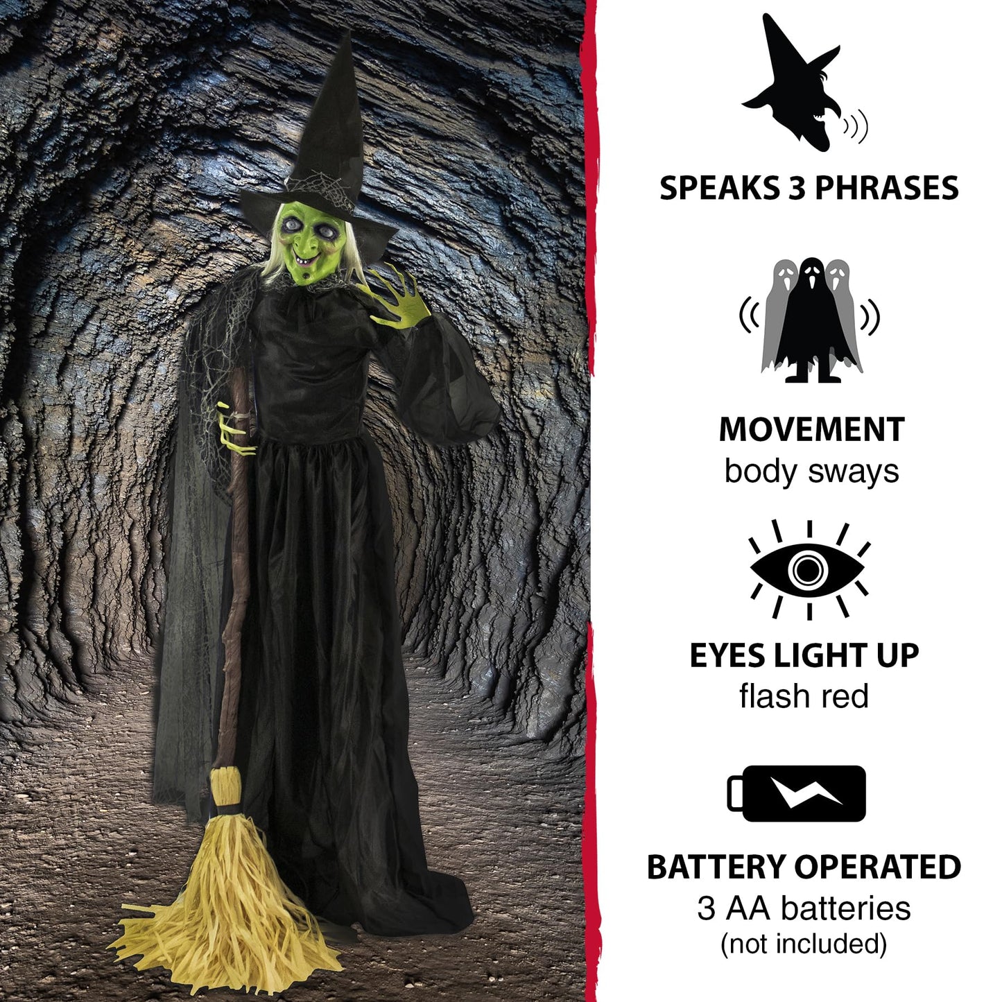 Haunted Hill Farm 71-in. Witch with Broomstick Animatronic, Indoor/Outdoor Halloween Decor, Poseable & Talking Animated Halloween Prop, Battery Operated