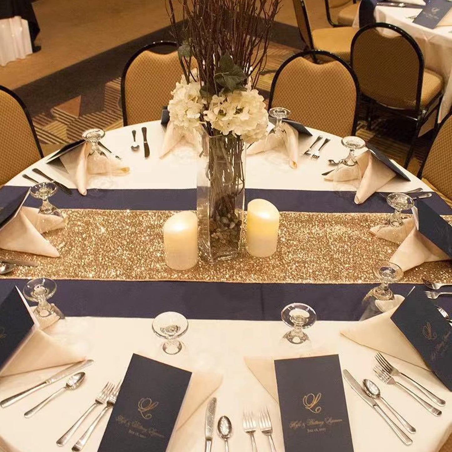 Charoama Glitter Gold Table Runners-12 by 108 Inch Luxury Linens -Gold Event Outdoor Party Supplies Fabric Decorations Gift Package for Holiday Wedding Birthday Baby Shower Dining Room Table Decor