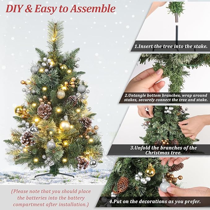 2 Packs 30 Inch Pre-Lit Outdoor Christmas Trees Urn Filler, Small Lighted Xmas Tree Holiday Décor with Multi-Color & WW Waterproof String Lights, Gold & Silver Berry Stems, 10 Pine Cones