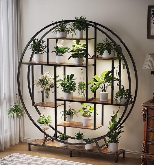 VINGLI Plant Stand with Grow Light, 63" Tall Plant Shelf Indoor with 5 LED Light, Large Tiered Plant Stand for Indoor Growing, Full-Moon Round Metal Display Shelves, Modern Flower Rack for Living Room, Balcony & Office, Black