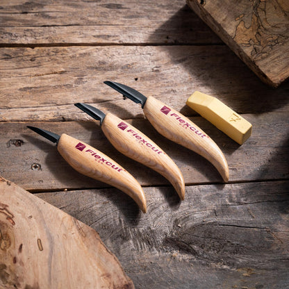 FLEXCUT Starter 3 Wood Carving Knife Set KN500, 1095 High Carbon Steel Blades and Ergonomic Ash Wood Handles for Beginners and Hobbyists