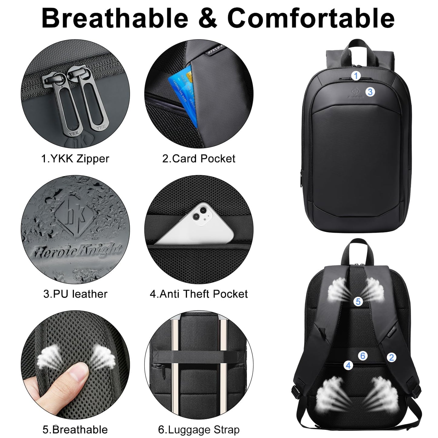 HEROIC KNIGHT Slim Laptop Backpack, Expandable Business Travel Backpack, Water-Resistant Anti Theft Laptop Rucksack, Lightweight Computer Work Bag Daypack For Men Women, Fits 15.6 Inch- Black