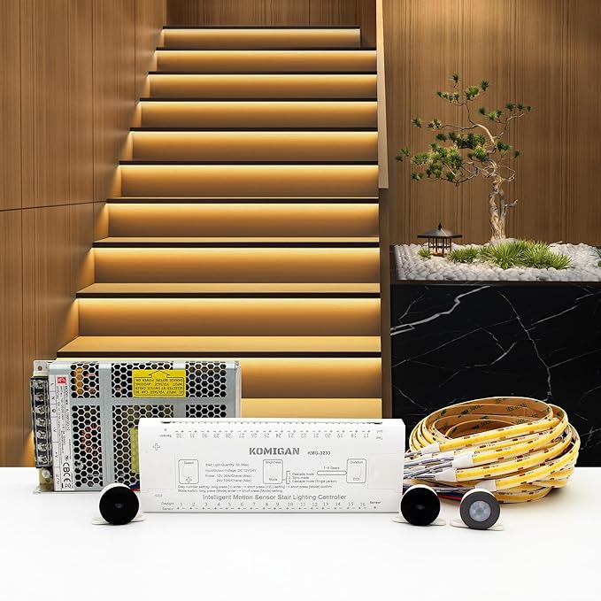 Intelligent Motion Triggered LED Stair Lighting Kit KMG-3233, 40" Cuttable LED Strip Light for Indoor LED Stair Lights (Warm White 3000K,14 Stairs)