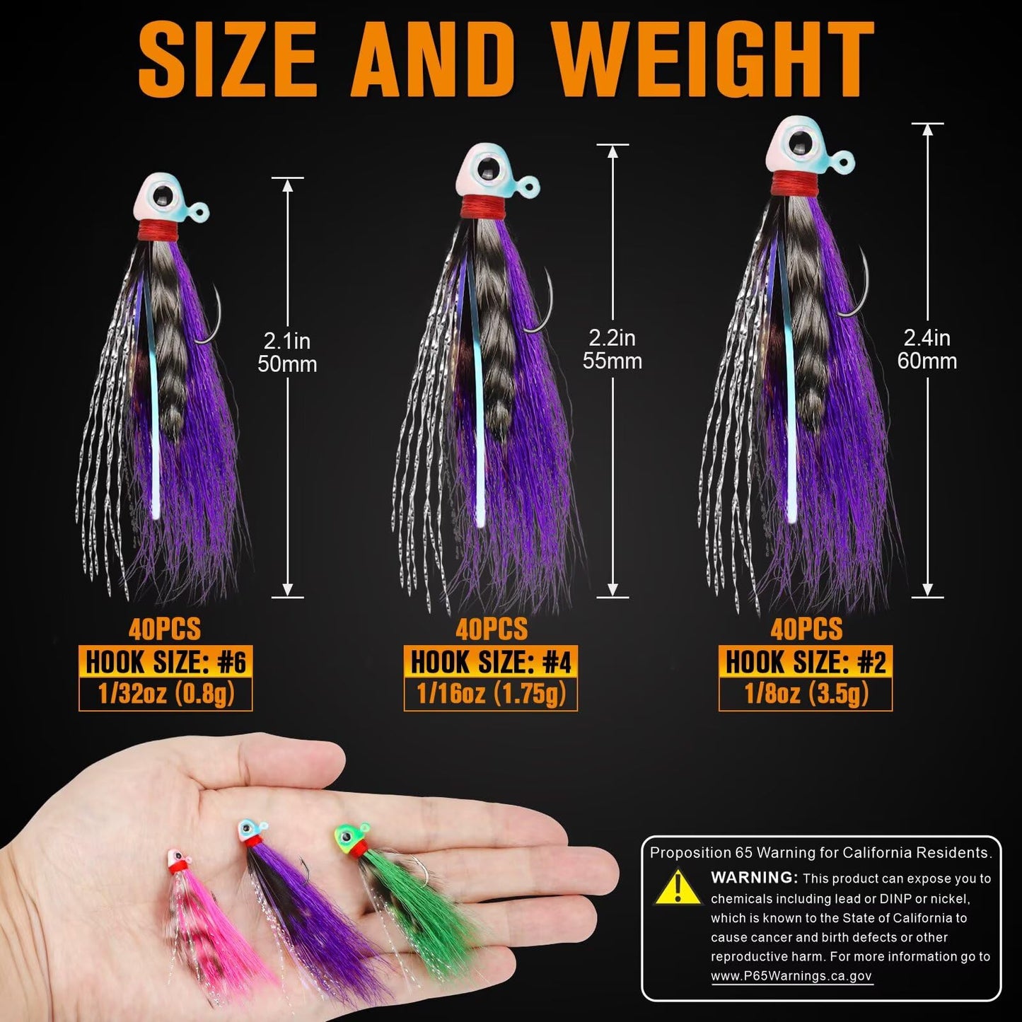 Dovesun Crappie Jigs Hand-Tied Hair Jigs 10 Colors Fishing Jigs Bucktail Crappie Jig Heads for Trout, Walleye and Panfish Fishing #4-1/16oz*40pcs