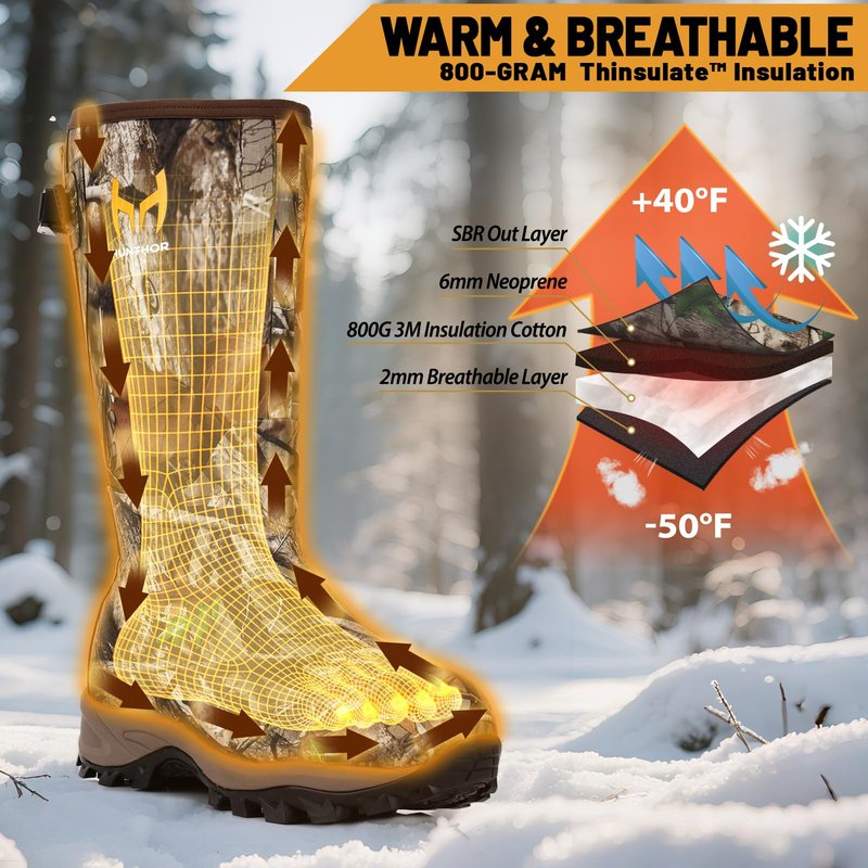 Hunthor Rubber Hunting Boots for Men with 800g Insulation, Waterproof Insulated 6mm Neoprene Shoes for Outdoor Hunting (Next Camo, Size 6-14)