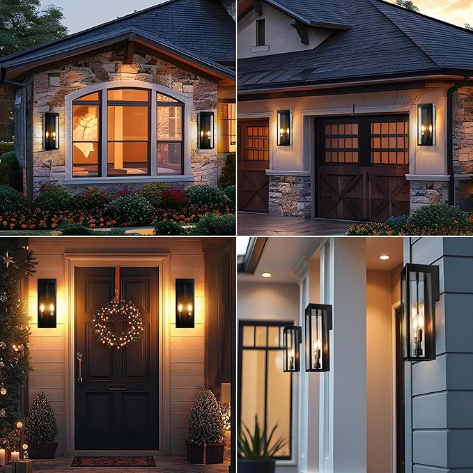 Outdoor Wall Lights 16 Inch Large, 2 Pack Black Modern Exterior Lighting Fixtures Wall Mounted with 2-Candle Light, Waterproof Outside Wall Sconces Coach Lamps Porch Lanterns for House E12