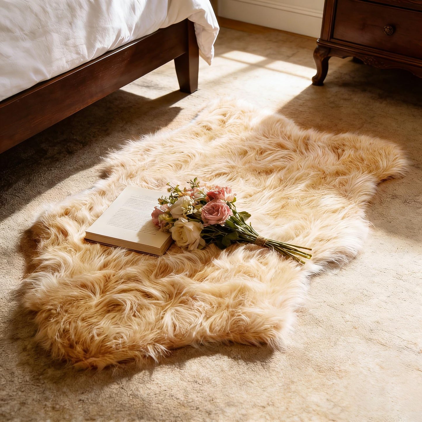 TUOTPE Ultra Soft Faux Fur Rug, Fluffy Shaggy 2 x 3 Ft Sheepskin Fur, Beige Plush Faux Area for Bedroom Nursery Living Room