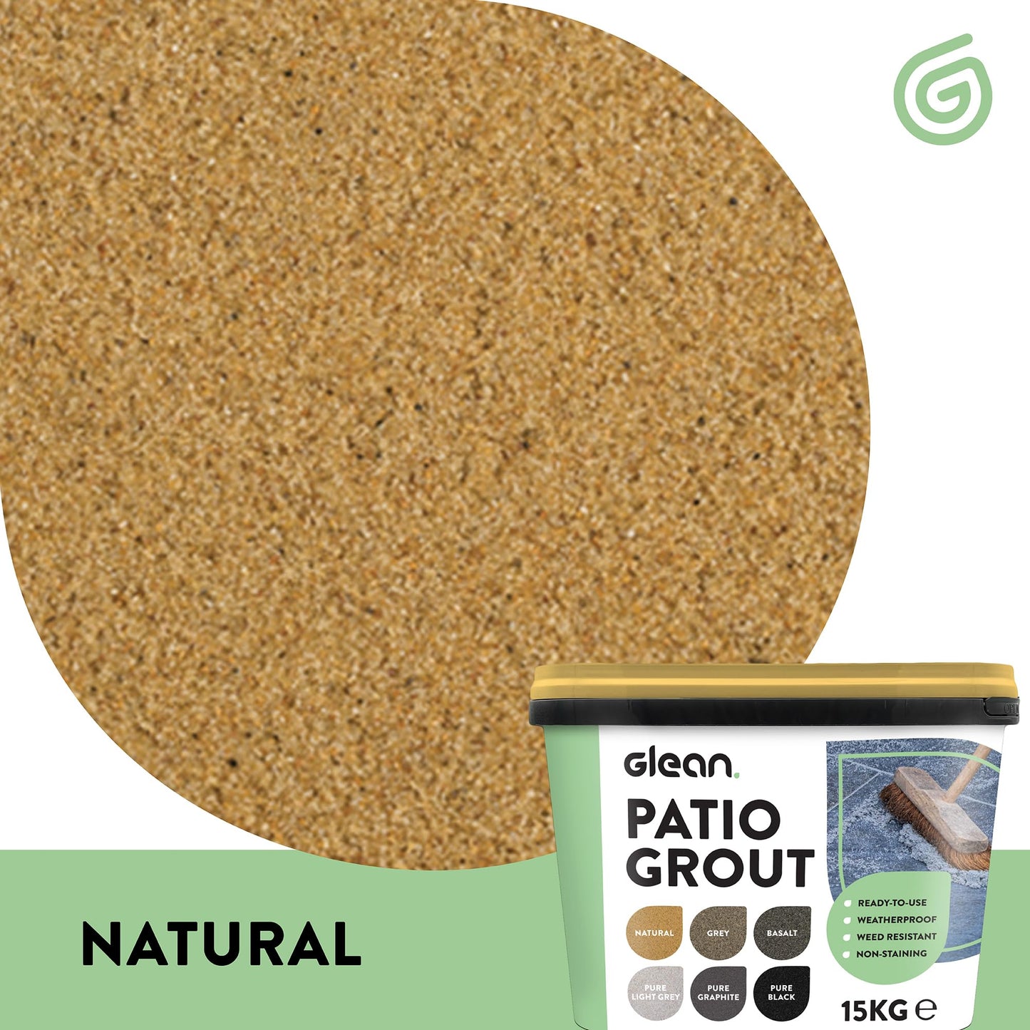 GLEAN Patio Grout | NATURAL | 15kg - 20m² Coverage | Jointing Compound | Brush In Patio Grout For Paving Patios & Block Paving | Self Setting All Weather Application | Ready Mixed
