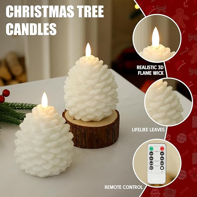 Christmas White Pinecone Candles Flameless with Remote, Real Wax Battery Operated Pine Cone Candle,Flickering LED Candles for Xmas Decoraction Party Holiday Gift, 2 Pack