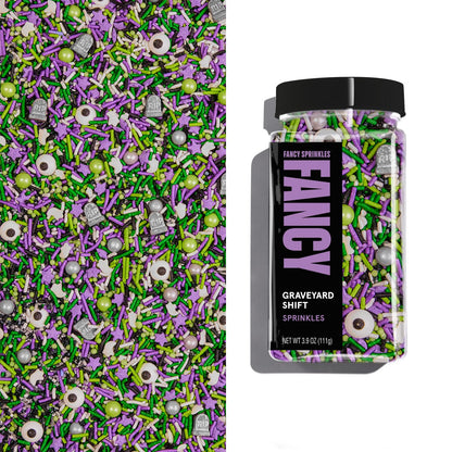 Fancy Sprinkles Limited Edition Halloween Graveyard Shift Purple and Green Crunchy Sprinkles, Plus Candy Eyeballs, Ghostly Confetti, and Eerie Tombstone Shapes (0.5c)