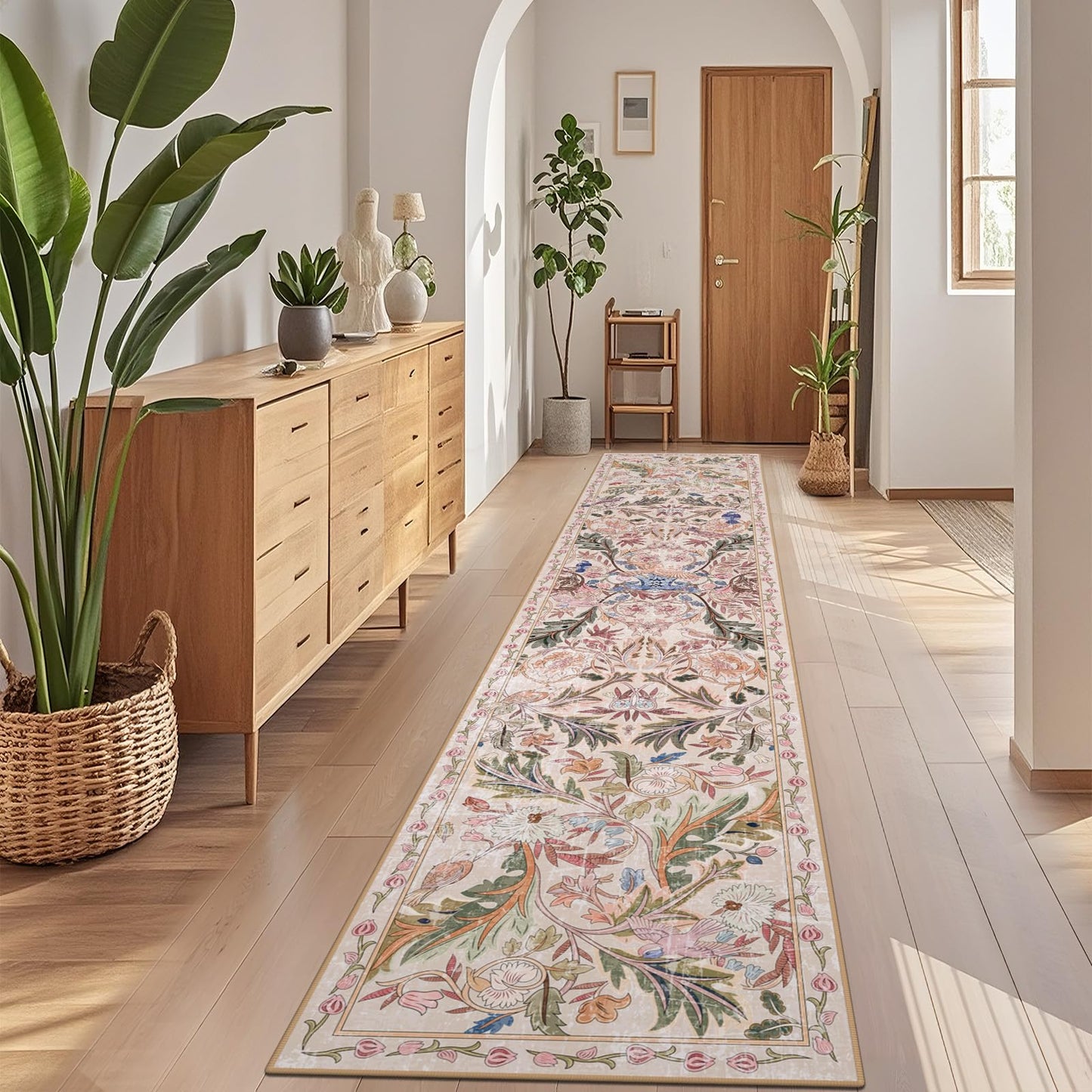 nesrt Jungle Runner Rug for Hallway 2x10Ft, Non Slip Washable Long Bird Kitchen Runner Rugs, Soft Boho Floral Forest Floor Jungle Carpets for Hall Entryway Laundry Bedroom Farmhouse Decor (Pink)