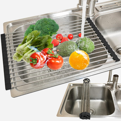 Ahyuan Black Stainless Steel Over-Sink Dish Drying Rack Roll-Up, Multipurpose Kitchen Dish Rack, Portable Rolling Dish Drainer for Kitchen Sink, RV Accessories (17.7''X11.2'')