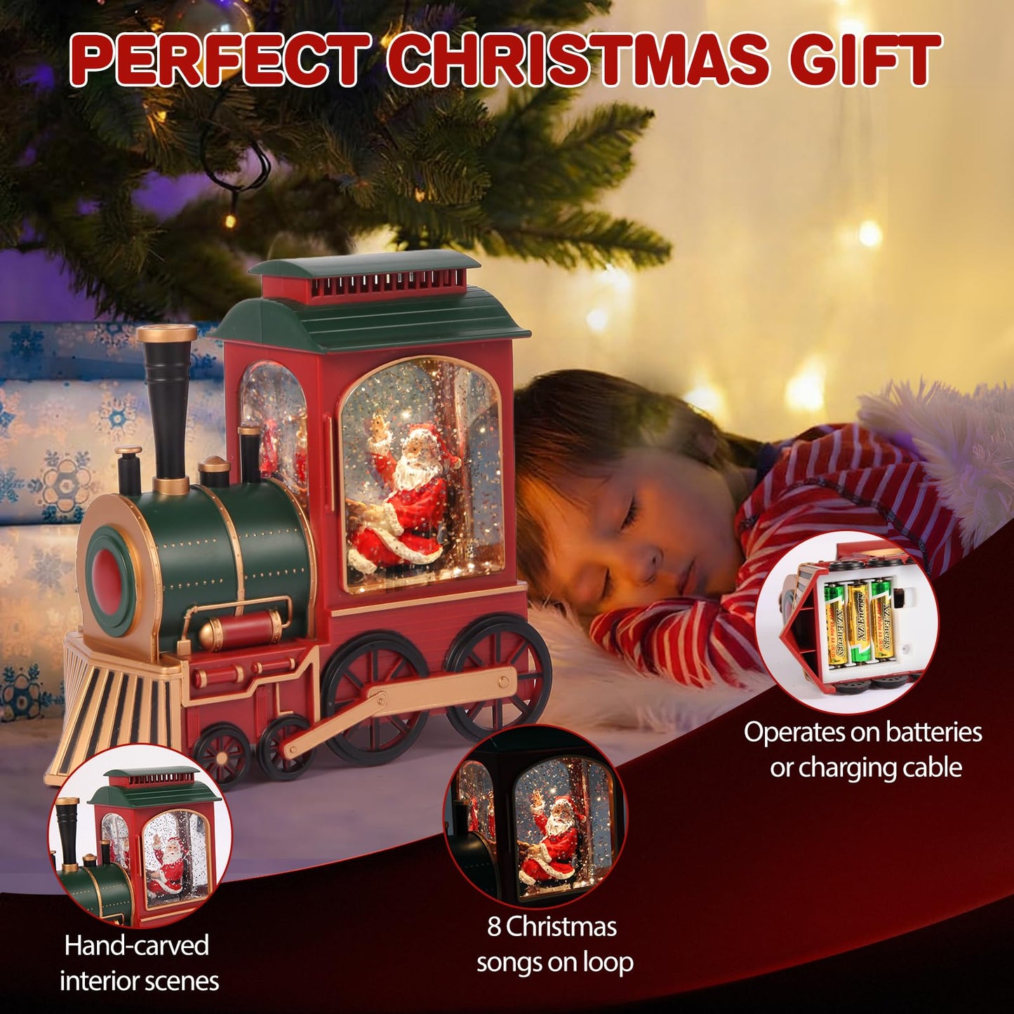 Train Christmas Snow Globe, Santa in Musical Train LED Glittering with 6H Timer Battery & USB Powered, Retro Style Holiday Glitter Globe for Xmas Home Decoration Holiday Party Gifts