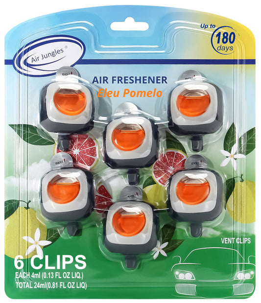 Air Jungles Eleu Pomelo Scent Car Air Freshener Clip, 6 Vent Clips, 4 ml Each, Long Lasting Air Freshener, Up to 180 Days Car Refresher Odor Eliminator