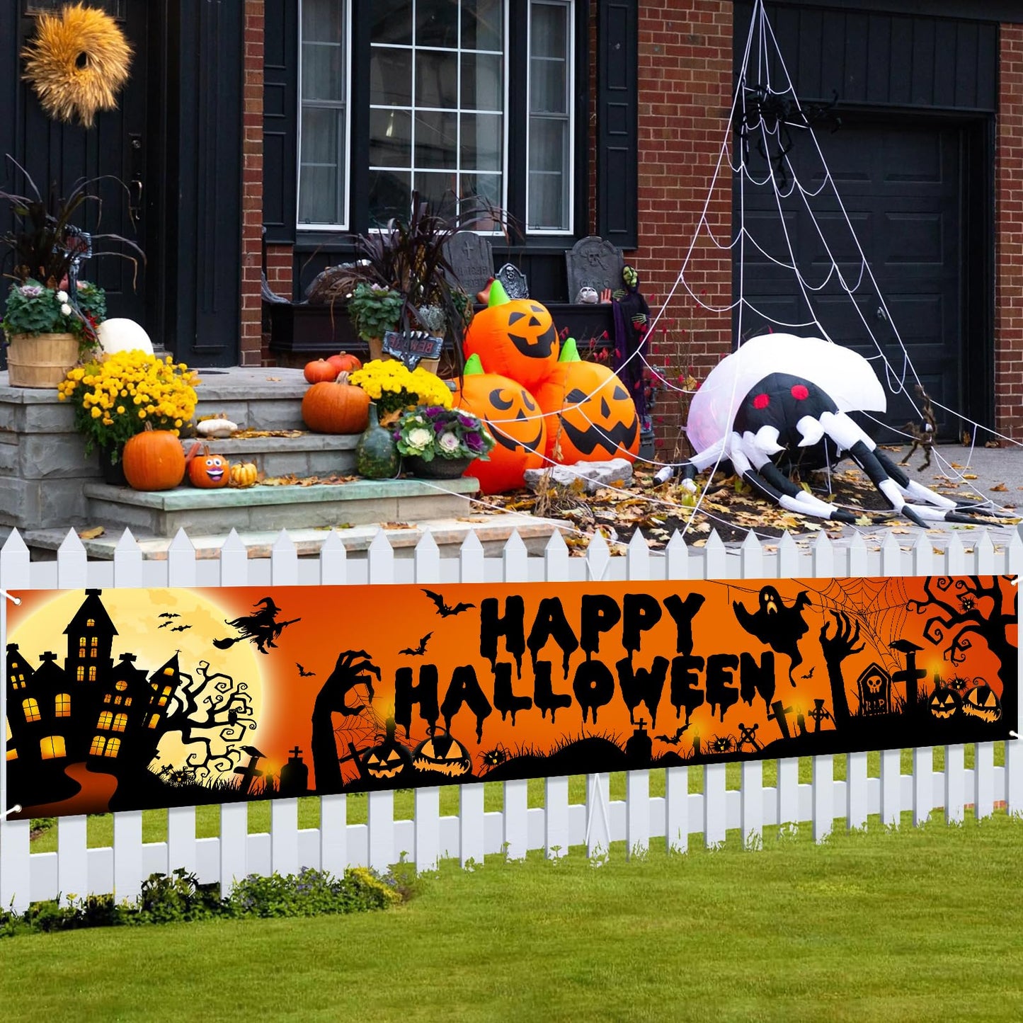 Avezano Happy Halloween Banner Large 98.4 x19.6 Inch Yard Sign Banner Black and Orange Halloween Party Decorations Welcome Hanging Flag Outdoor Fence Garage Garden Porch Holiday Backdrop