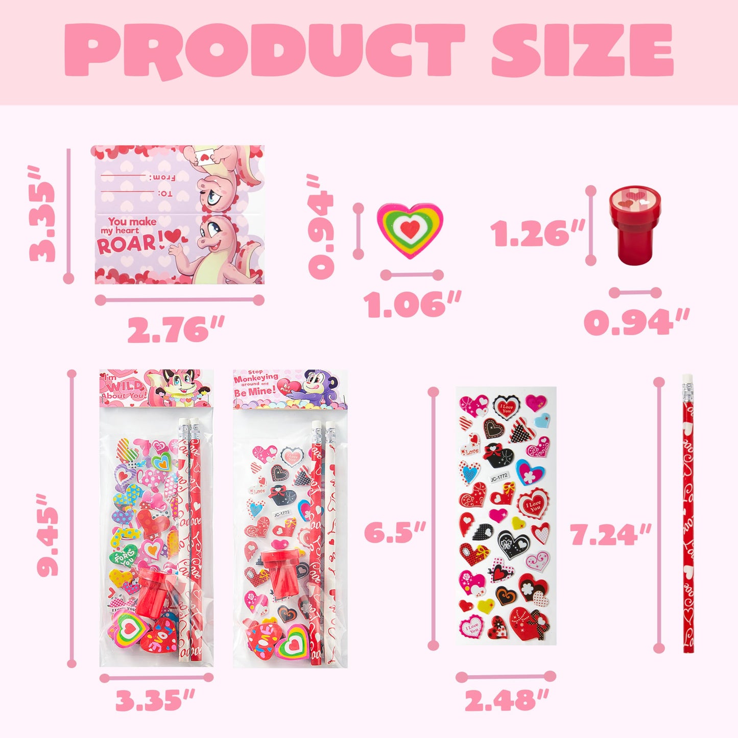 JOYIN 24packs Valentines Day Stationery Gifts, 96pcs Party Favor with Pencil, Erasers, Notebook & Bags for Kids School Classroom Exchange Supplies
