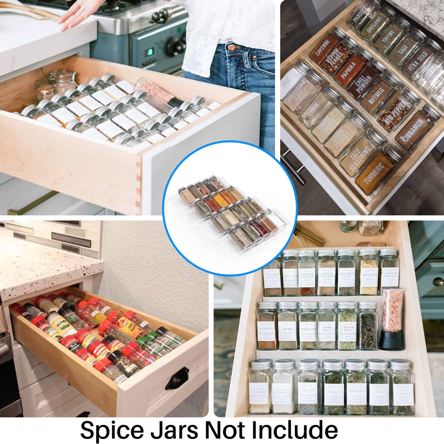 Antimbee Spice Drawer Organizer, 4 Tier- 4 Pack Acrylic Spice Rack Tray for Drawer, Expandable From 13" to 26" Kitchen Spice Rack Tray for Countertop Holds up 28 Spice Jars (Jars not Include)