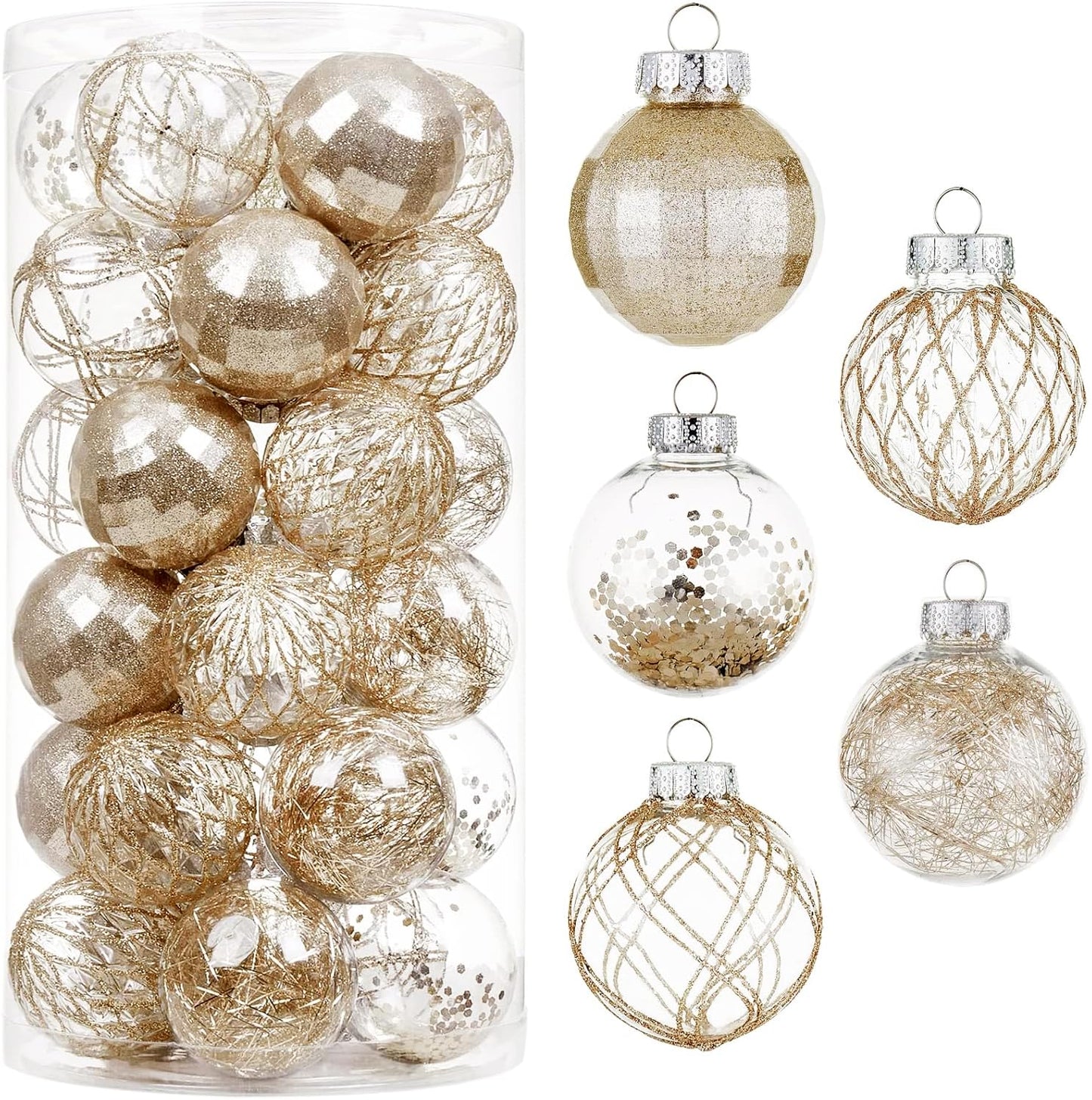 CristBest 30ct Christmas Ball Ornaments-60mm/2.36" Shatterproof Clear Plastic Xmas Balls Baubles Set with Stuffed Delicate Sparkling, Hanging Christmas Tree Decorations (Champagne Gold)