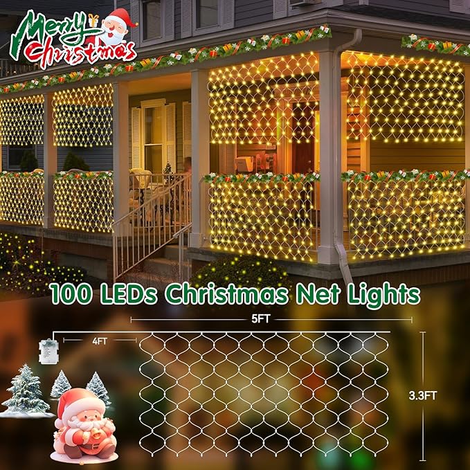 Hezbjiti Pack of 6 Battery Operated Christmas Lights Outdoor Total 600 LED 5FT x 3.3FT Waterproof Timed Memory Net Mesh Lights for Xmas Trees Bushes Garden Yard Lawn Patio Christmas Decor (Warm White)