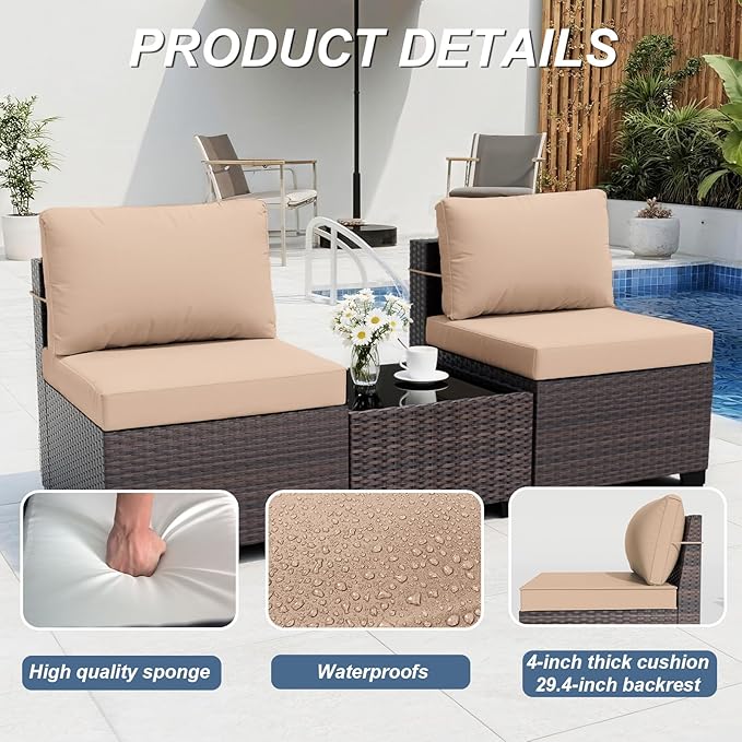 ALAULM 8 Pieces Patio Furniture Set with Propane Fire Pit Table Outdoor Sectional Sofas 55000BTU Gas Fire Pit Brown PE Rattan Patio Conversation Set w/6 Seat Cushions-Sand