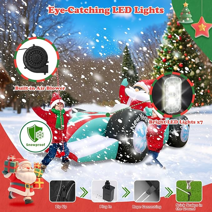 10FT Giant Christmas Inflatables Outdoor Decorations Xmas Racing Car Blow Up Yard Decorations with Built-in LED Lights for Garden Lawn Outdoor Yard Winter Holiday