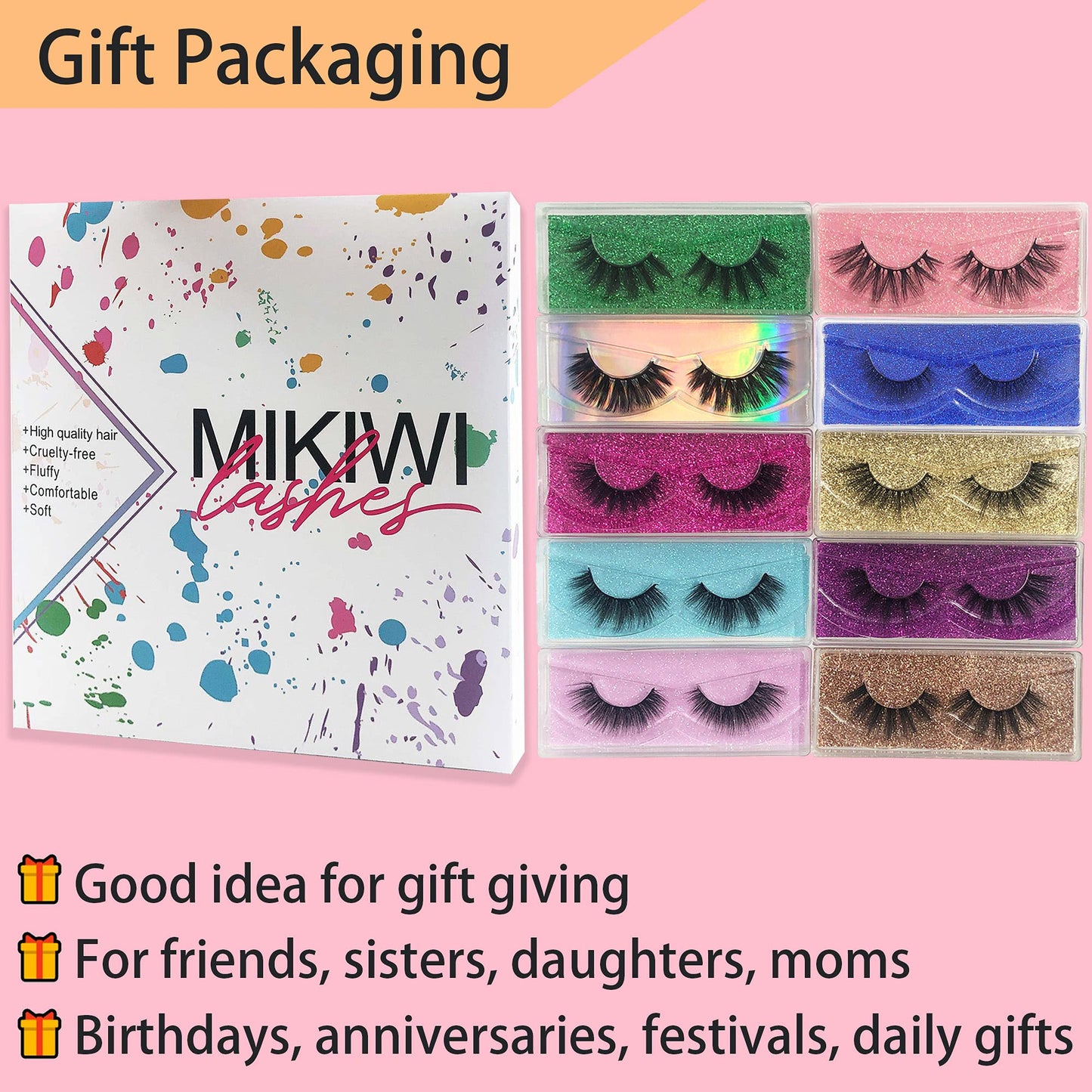 False Eyelashes MIKIWI 10 Pack Lahes, 12-20mm Wholesale 5D Fake Mink lashes, Fuffy Natural Volume eye Lashes, individual package Faux Mink EyeLashes