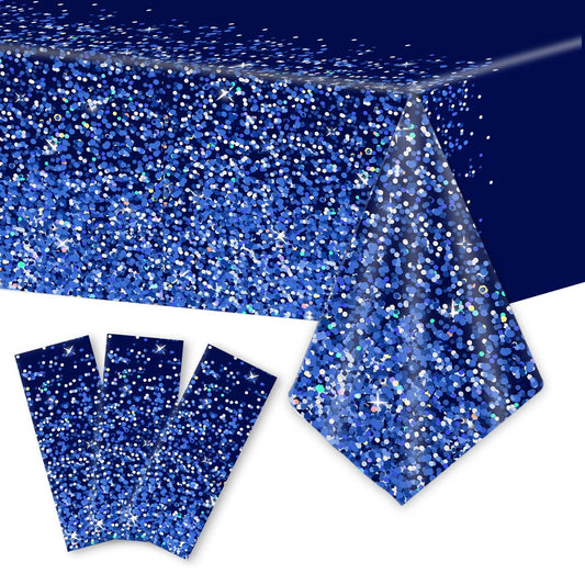 3pcs Blue Silver Tablecloths Denim and Diamonds Party Decorations Navy Blue and Silver Tablecloth Disposable Plastic Royal Blue Confetti Rectangle Table Cover for Birthday Wedding Party Decor Supplies